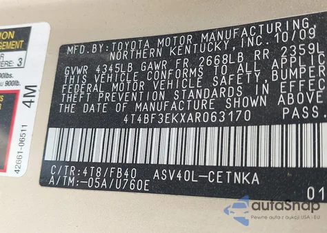 2010 Toyota Camry Le from USA, damaged, VIN 4T4BF3EKXAR063170